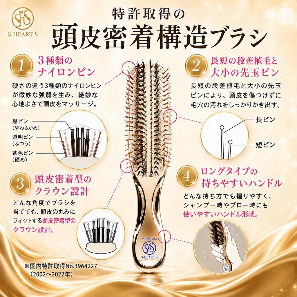 【預訂商品】S HEART S World Premium Long 長柄頭皮洗髮梳 金色｜S HEART S World Premium Long Scalp Brush Gold